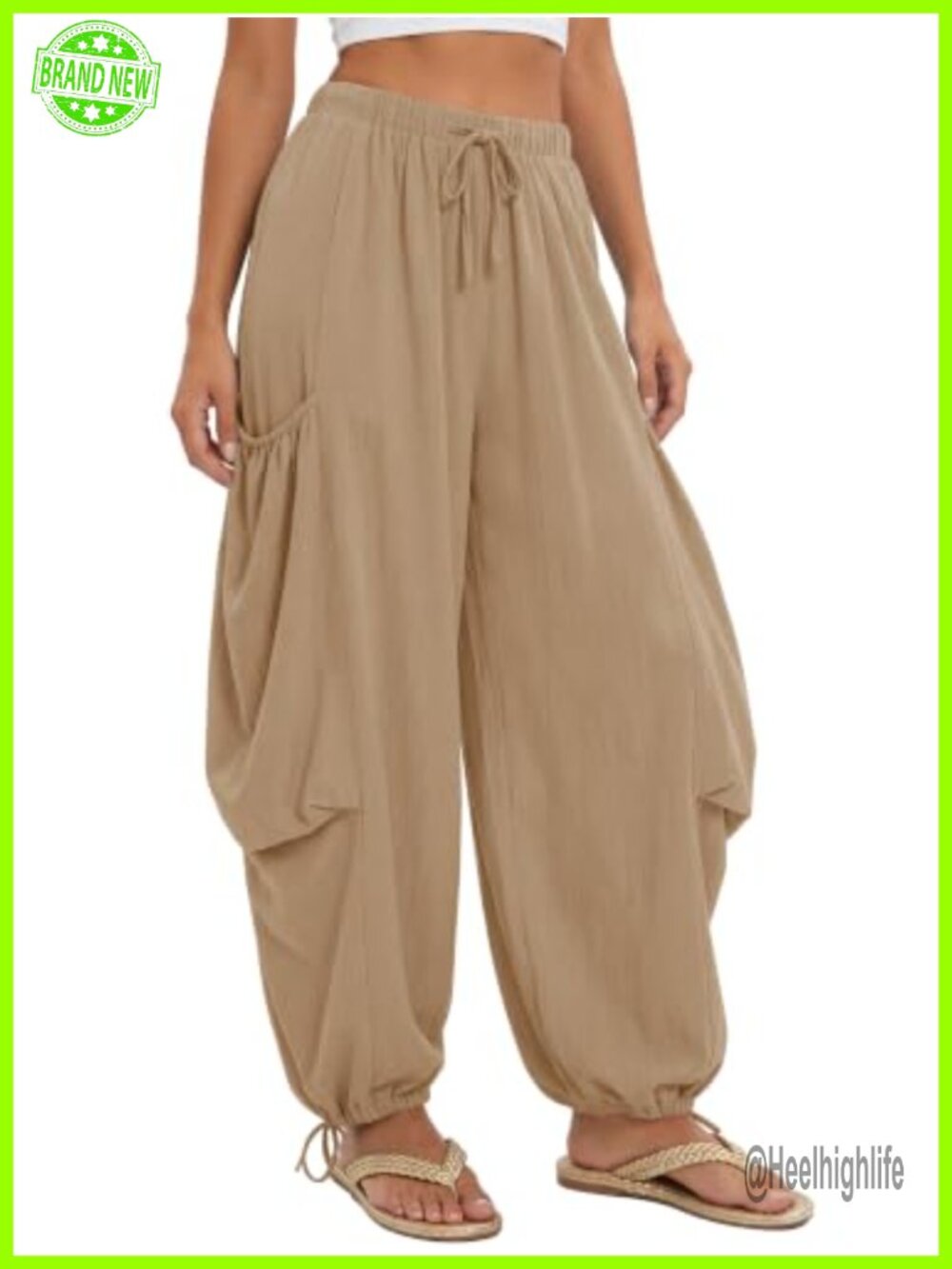 Women Linen Wide Leg Palazzo Harem Pants Drawstring Beach Boho Travel Summer